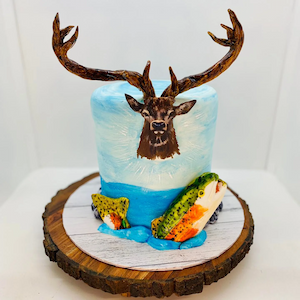 Custom hunting and fishing themed birthday cake with detailed decorations - Twisted Flour & Sugar custom cakes Christchurch